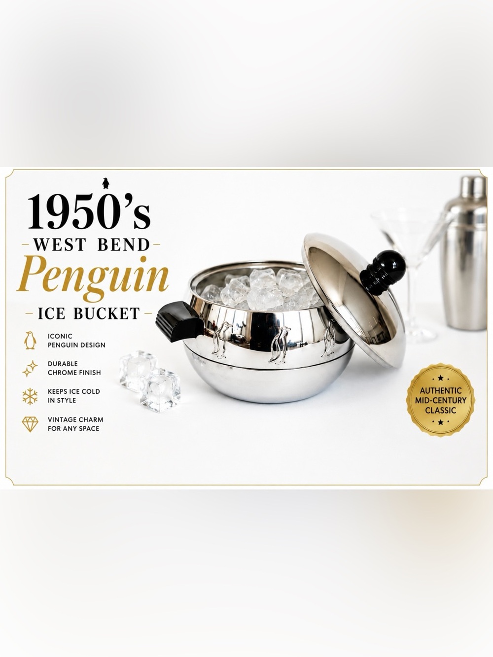 1950’s West Bend Chrome Penguin Ice Bucket